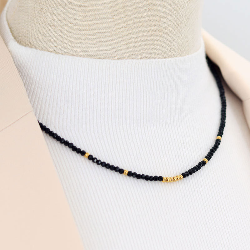 Handmade Beaded Necklace for Women Cut Black Diamond Small Gold Beads Versatile Layered Fashion Jewelry Necklaces