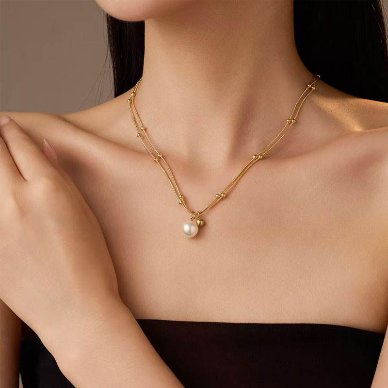 Minimalist Waterproof Charm Anti Tarnish Stainless Steel Solid Gold Jewelry Pearl Pendant Necklace 14k for Women