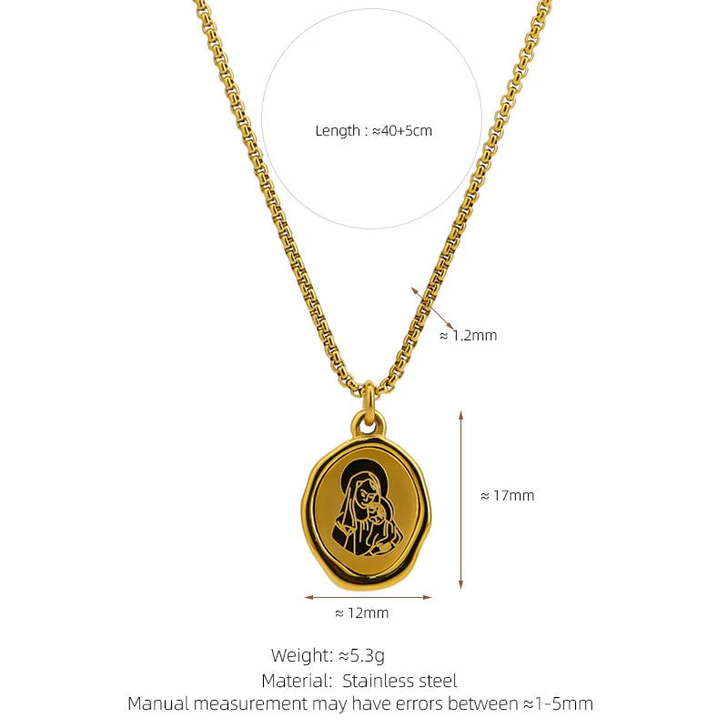 New Design Wholesale Non Tarnish Stainless Steel PVD 18K Gold Plated Virgin Mary Coin Pendant Necklace