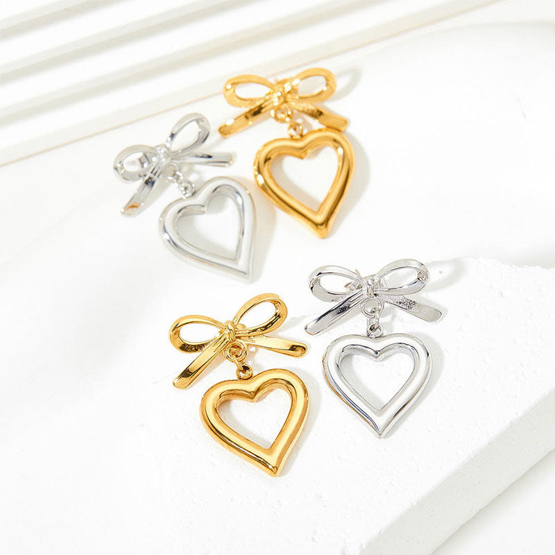 Sweet Girl Hollow Bow Heart Earrings Fashion Jewelry 2025 Girl Stainless Steel Heart Shaped Pendant Earrings