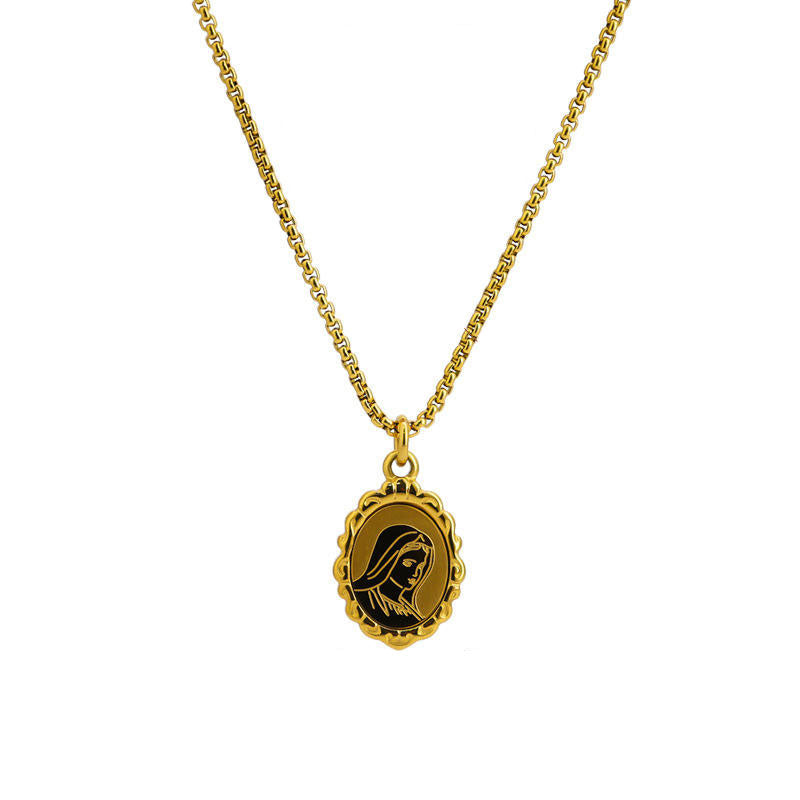 New Design Wholesale Non Tarnish Stainless Steel PVD 18K Gold Plated Virgin Mary Coin Pendant Necklace