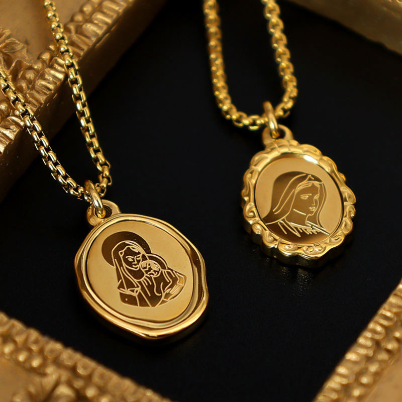 New Design Wholesale Non Tarnish Stainless Steel PVD 18K Gold Plated Virgin Mary Coin Pendant Necklace