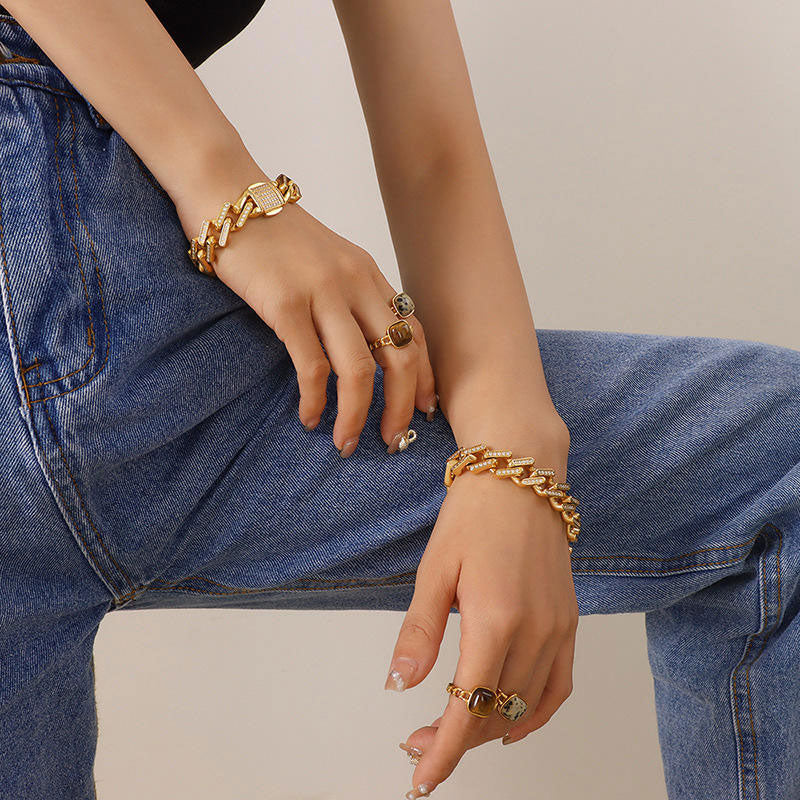 Wholesale Anti-Allergy High Polish PVD Gold Plated Stainless Steel Moissanite Cuban Bracelet