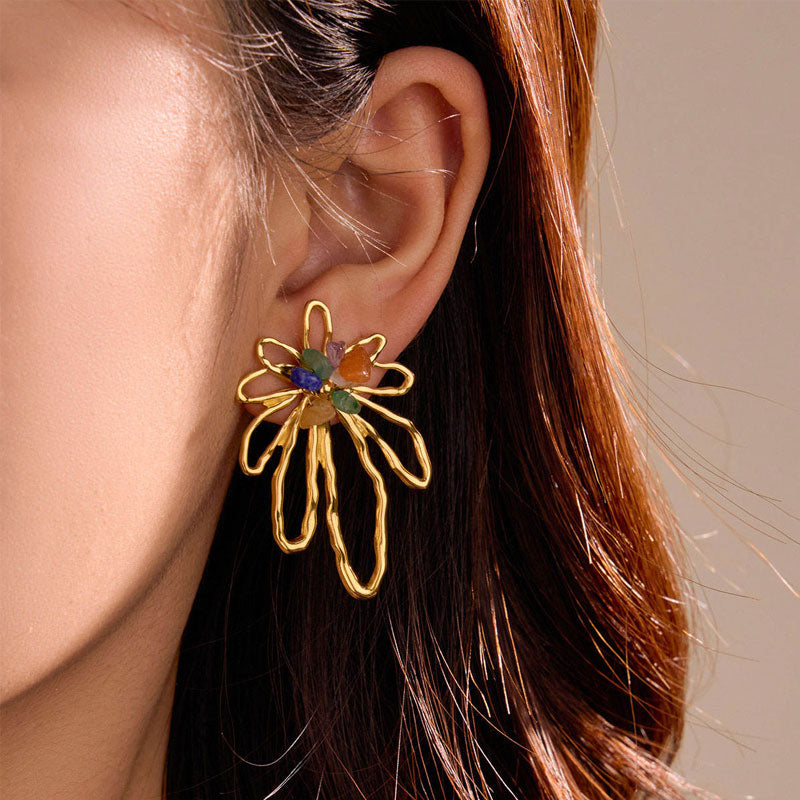Exaggerated Fade Resistant Hollowed-Out Flower Fine Jewelry Stud Earrings Stainless Steel Fashion Floral Earrings for Women