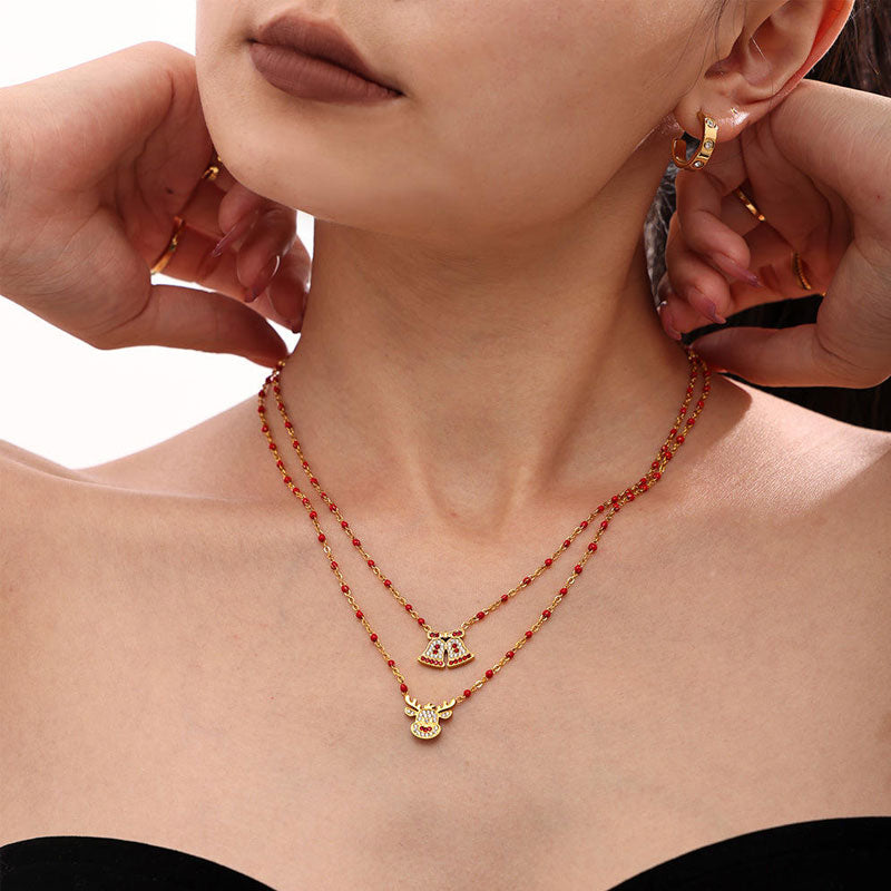 Stainless Steel Gold Plated Christmas Bell Reindeer Red White Crystal Beaded Chain Holiday Necklace Set Customizable Zircon
