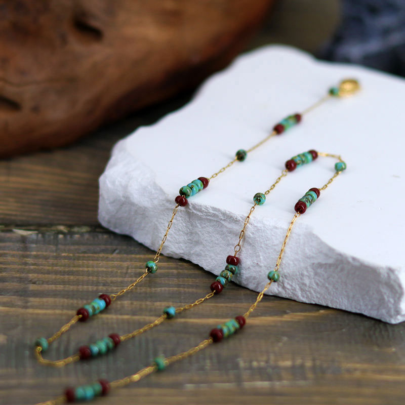 French Vintage Glass Wine Red Contrast Handmade Beaded Necklace for Women's Summer Versatile Neckchain