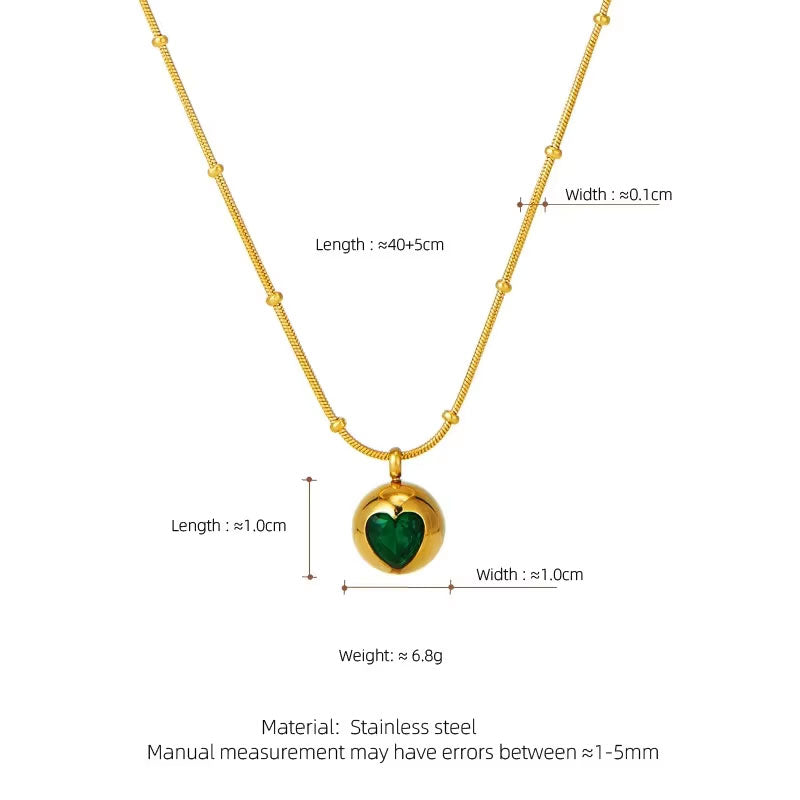 Romantic Anti Tarnish Gold Necklace 18K Real Stainless Steel Zircon Heart Emerald Necklace Set for Women Men Girls