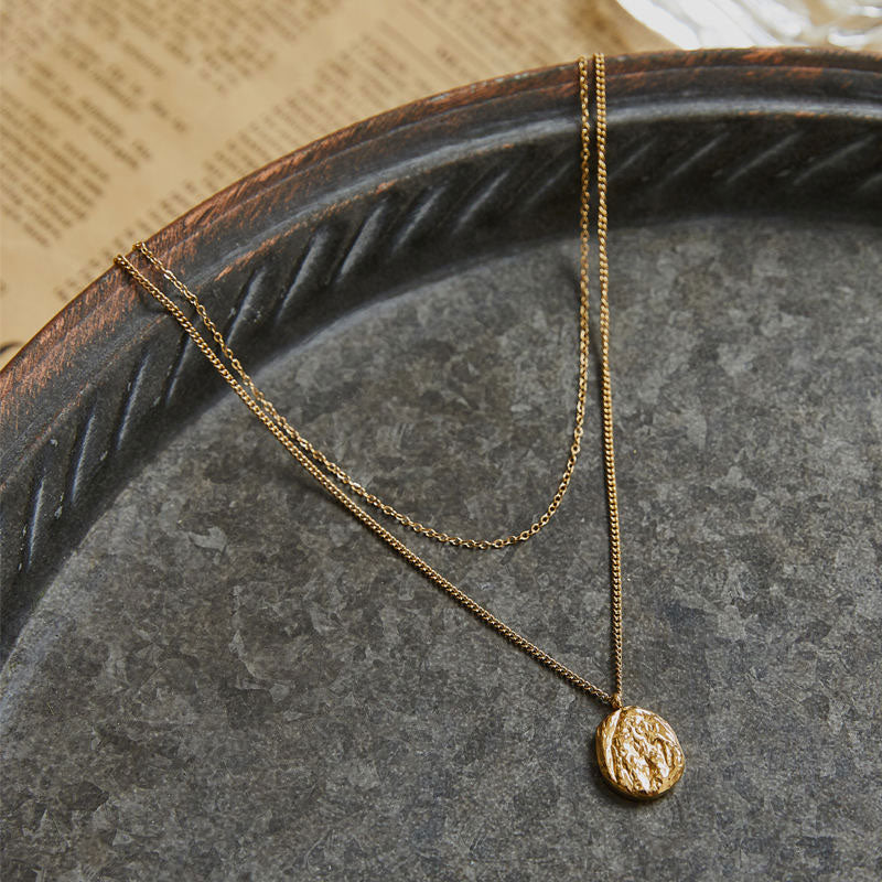 18K Gold Plated Stainless Steel Double-Layer Pendant Necklace with Volcanic Meteorite Niche Trendy Collarbone Chain