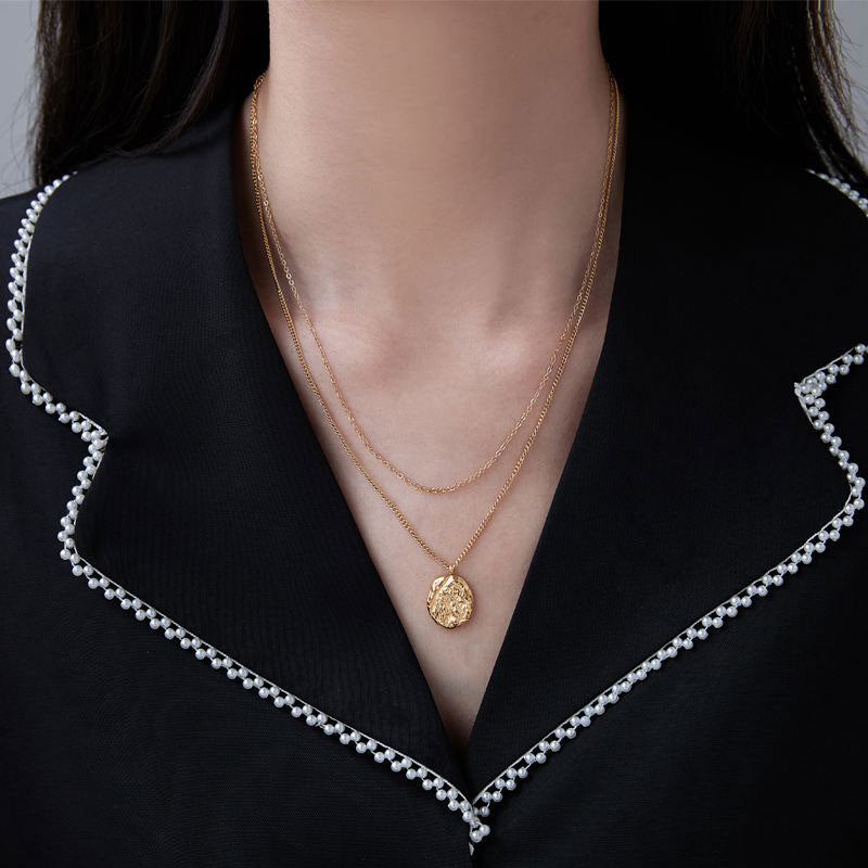 18K Gold Plated Stainless Steel Double-Layer Pendant Necklace with Volcanic Meteorite Niche Trendy Collarbone Chain