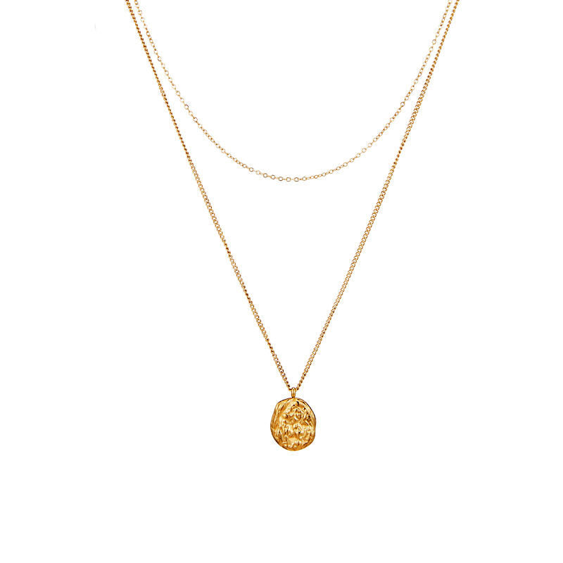 18K Gold Plated Stainless Steel Double-Layer Pendant Necklace with Volcanic Meteorite Niche Trendy Collarbone Chain