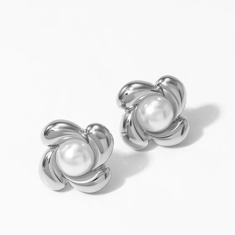 Luxury Heart Shaped Pearl Charm Stainless Steel Stud Earrings Flower Shaped Diamond Zircon Stud Earrings Women Jewelry