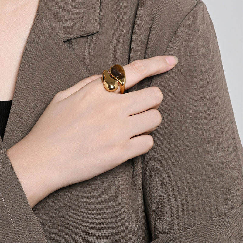 Wholesale Custom Adjustable Imitation Pearl Tiger's Eye 18K PVD Gold Plated Stainless Steel Rings for Women