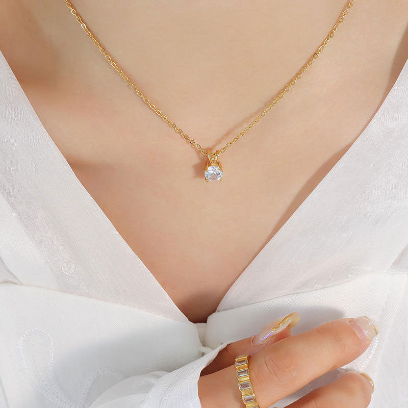 Korean Style Ins Style Women's Simple Stainless Steel Gold-plated 18k Gold Inlaid Single Zircon Pendant Necklace