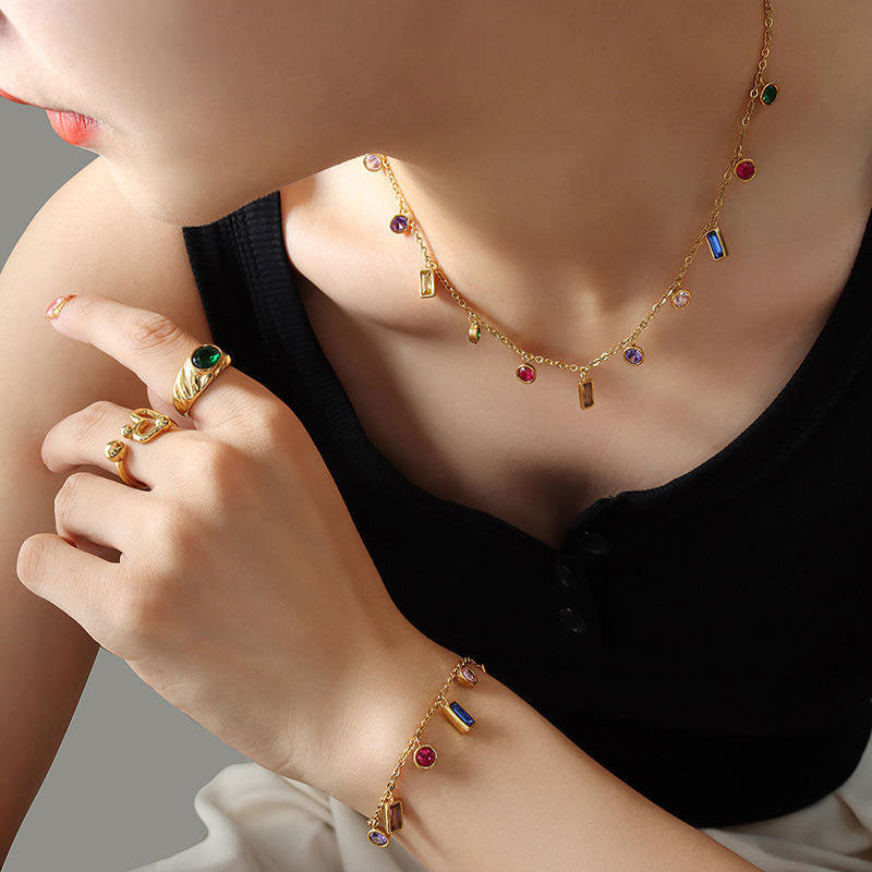Bohemia Anti Tarnish Gold Necklace 18K Real Stainless Steel Colorful Zircon Necklace Set for Women Girls