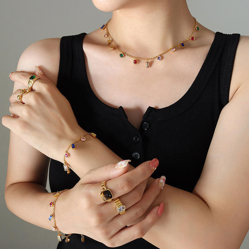 Bohemia Anti Tarnish Gold Necklace 18K Real Stainless Steel Colorful Zircon Necklace Set for Women Girls