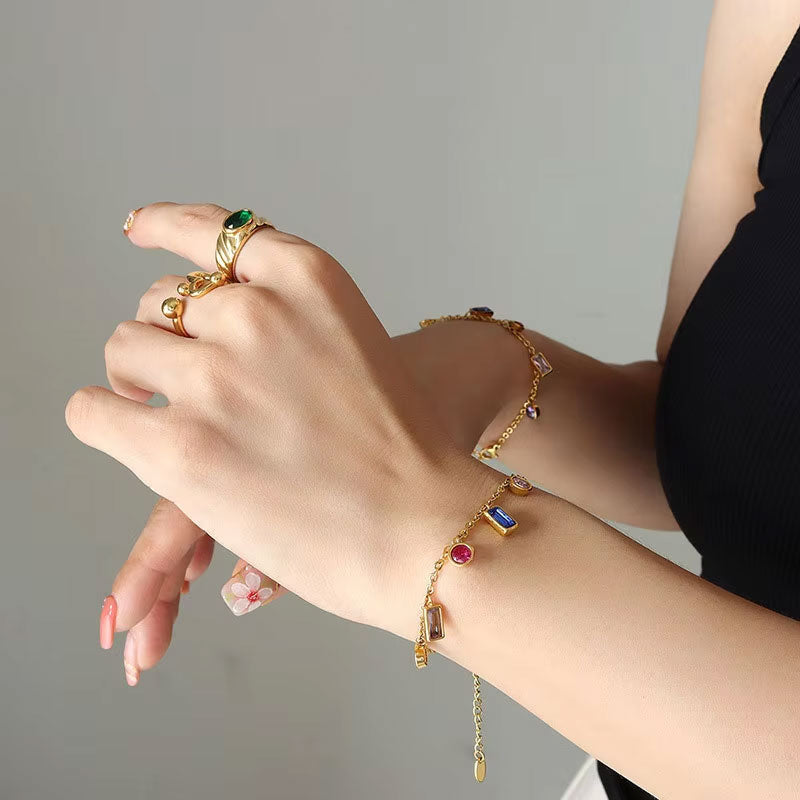 Bohemia Anti Tarnish Gold Necklace 18K Real Stainless Steel Colorful Zircon Necklace Set for Women Girls