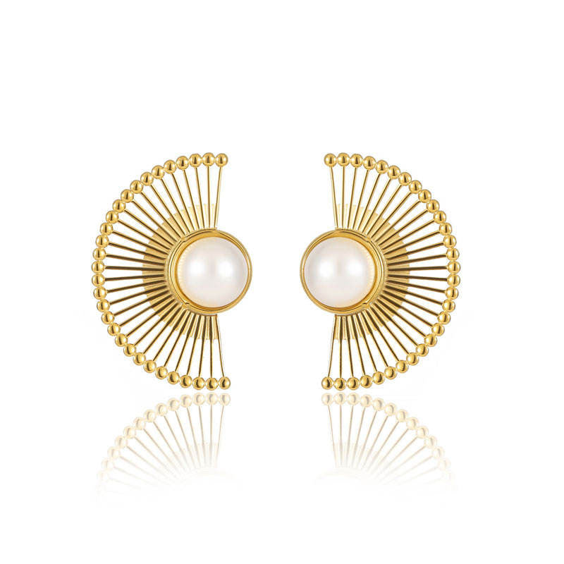 Women's Luxury Fine Jewelry Stainless Steel Fade-Resistant Sector Pearl Gold Earrings for Party Wholesale Bulk Supply