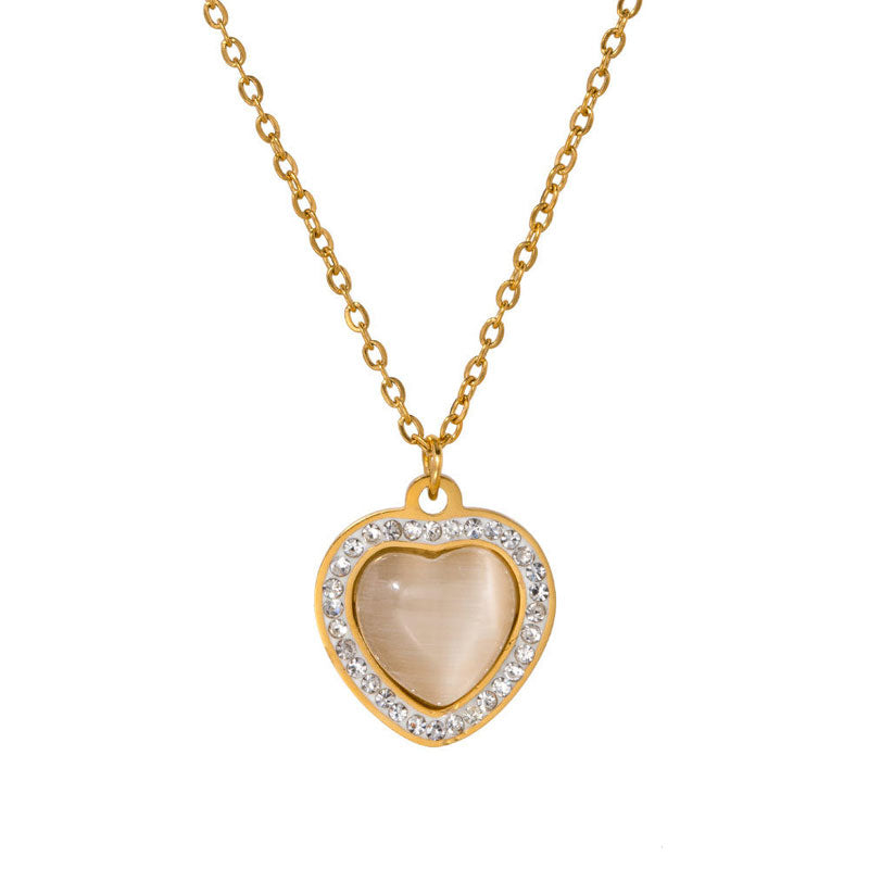 Simple Retro cat Eye Stone Heart-shaped Pendant Necklace with a High-end and Fashionable Heart Titanium Steel Lock Chain