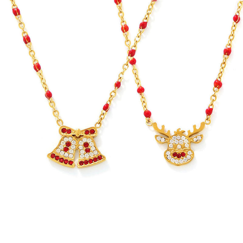 Stainless Steel Gold Plated Christmas Bell Reindeer Red White Crystal Beaded Chain Holiday Necklace Set Customizable Zircon