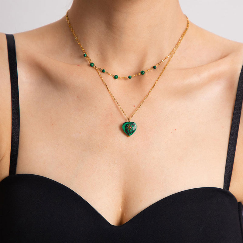 Stainless Steel Double-sided Peacock Stone Heart-shaped Necklace Bead String Collarbone Chain Versatile Accessory for Women