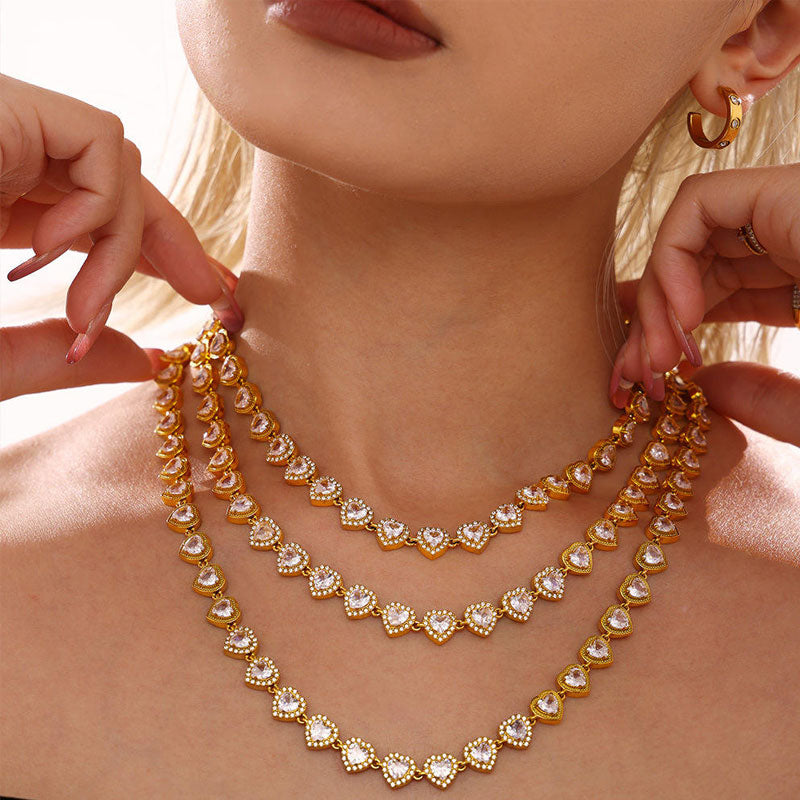 PVD 18K Gold Plated Shiny Zirconia Pave Heart Stainless Steel Necklace Luxury Party Necklace Bracelet Set