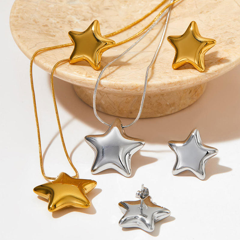 High Polishing Lightweight Gold Plated Star Shape Pendant Long Necklace and Earrings Set for Women's Anniversary Jewelry