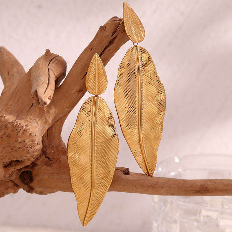 Trendy Hypoallergenic Wholesale Stainless Steel 18k PVD Gold Plated Brand Leaf Drop Earrings Jewelry for Women