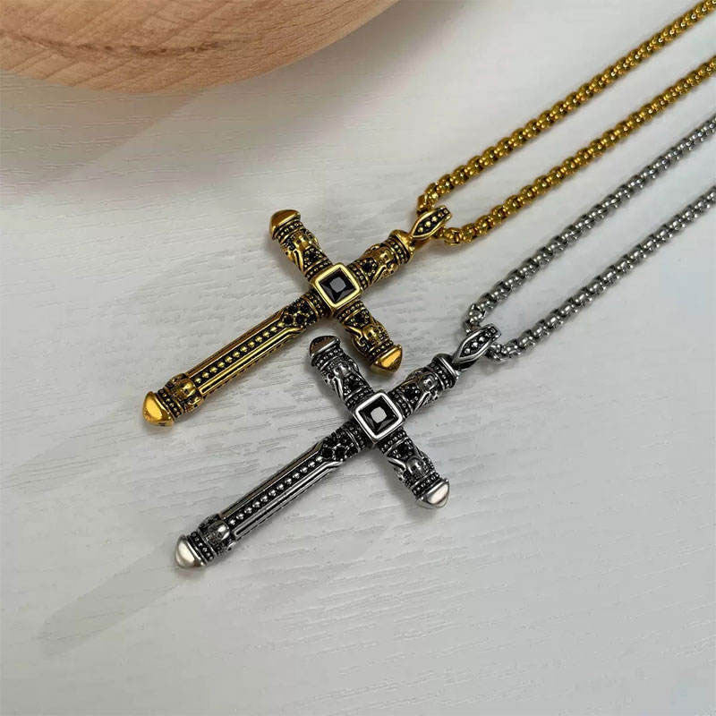Vintage No Fading18K Gold Plate Dainty Christian Gifts Religious Items Cross Pendant Stainless Steel Necklace for Men Women