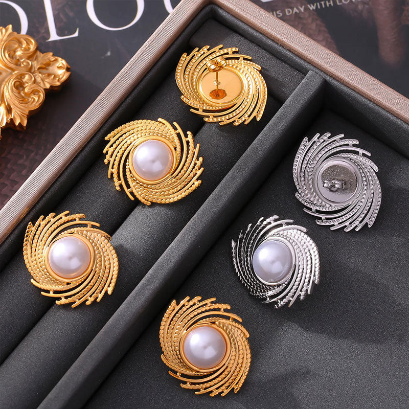 18K Gold Chic Wind Braided Texture Stud Earrings New Geometric Thread Insert Imitation Pearl for Female Stainless Steel Plated
