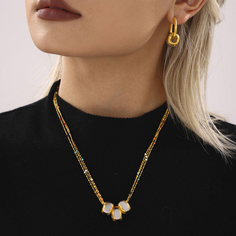 Women's Fashion Waterproof Metal Round Ball Beads Pendant Necklace with Zircon Stainless Steel Daily Gold Trendy Jewelry Gift