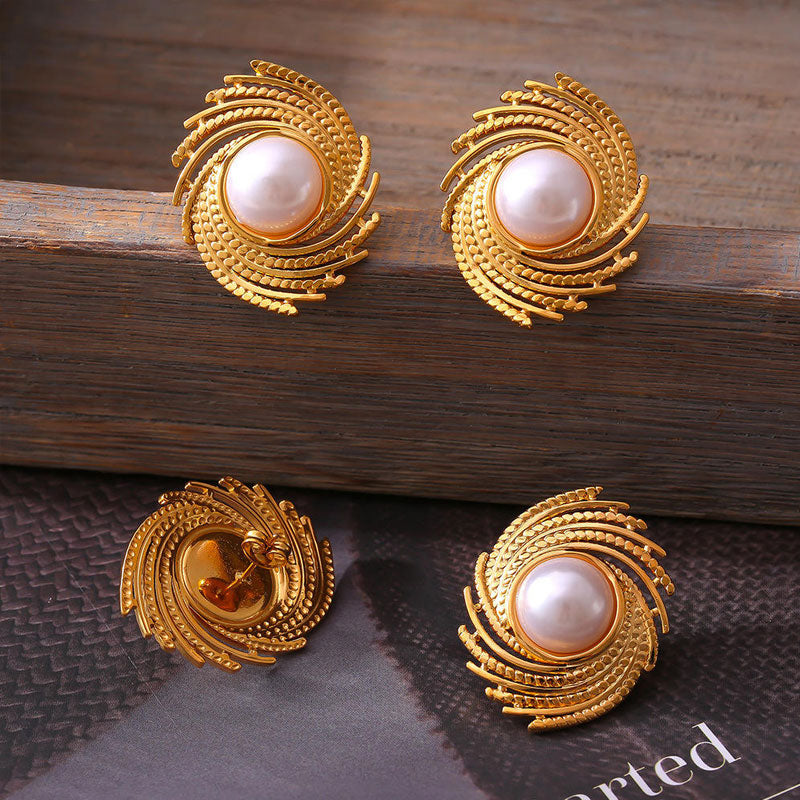 18K Gold Chic Wind Braided Texture Stud Earrings New Geometric Thread Insert Imitation Pearl for Female Stainless Steel Plated