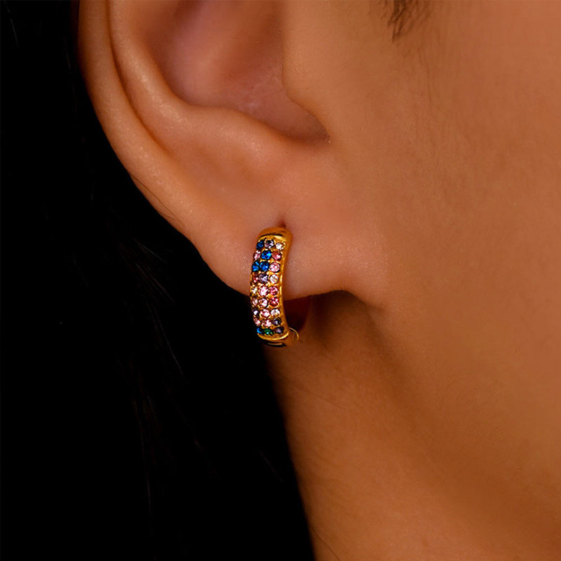 New 18K Gold Cool Style Inlaid Colorful Zircon Plain Ring Earrings, Versatile and Fashionable Earrings Accessories for Women