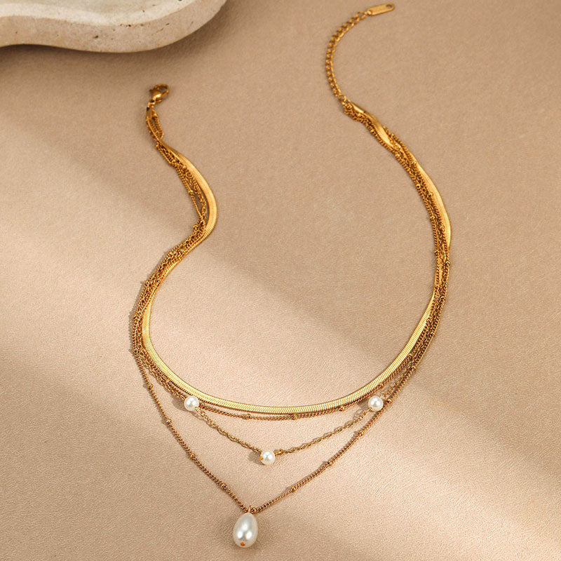 Elegant 18k Gold Plated Multi-Layer Teardrop Pearl Fine Jewelry Necklaces Stainless Steel Fashion Pendant Necklaces for Women
