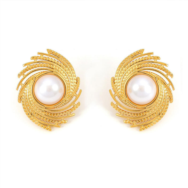 18K Gold Chic Wind Braided Texture Stud Earrings New Geometric Thread Insert Imitation Pearl for Female Stainless Steel Plated