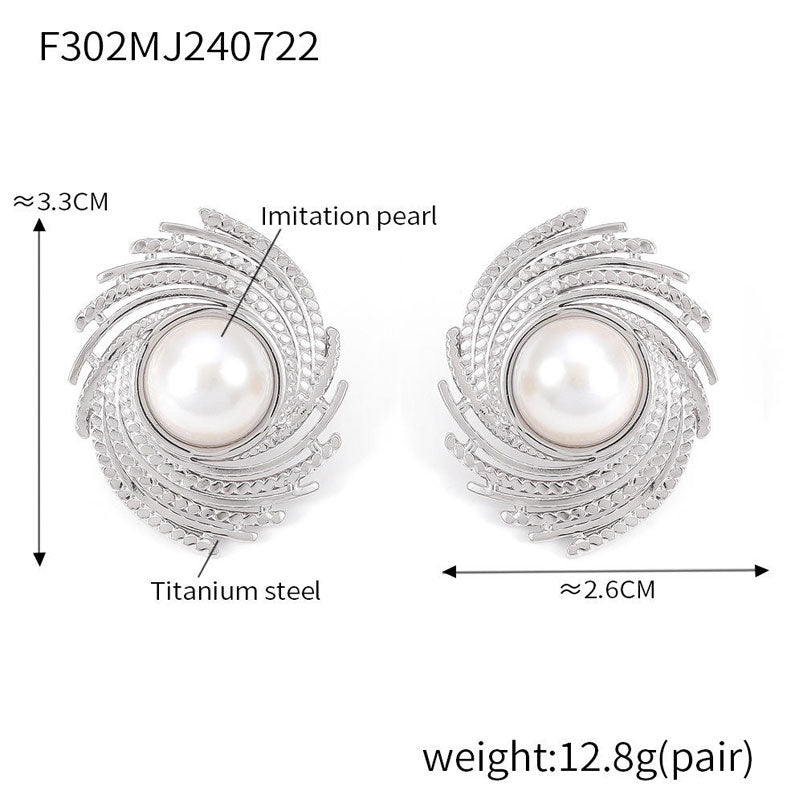 18K Gold Chic Wind Braided Texture Stud Earrings New Geometric Thread Insert Imitation Pearl for Female Stainless Steel Plated