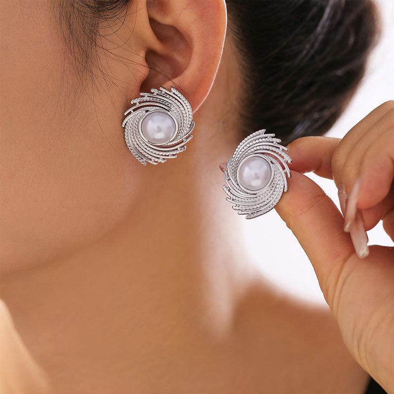 18K Gold Chic Wind Braided Texture Stud Earrings New Geometric Thread Insert Imitation Pearl for Female Stainless Steel Plated