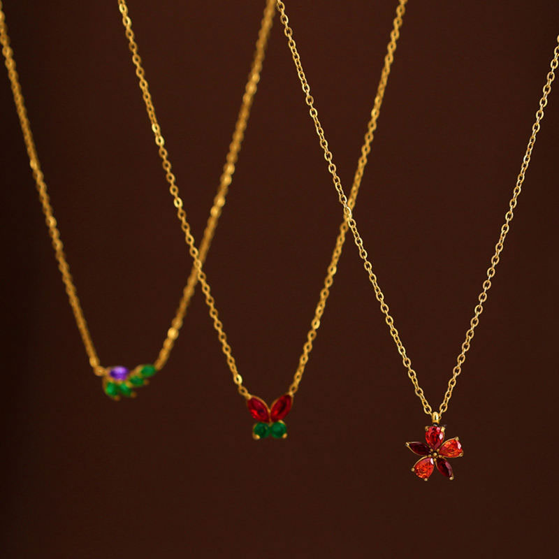 2025 New Design Trendy 18K Gold Plated Zircon Stone Butterfly Pendant Necklace Wholesale Non-Tarnish Stainless Steel PVD Chains