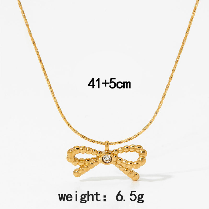 Waterproof Stainless Steel Gold Plated Minimal Cute Sweet Bowknot Style Pendant Necklace for Women Girl