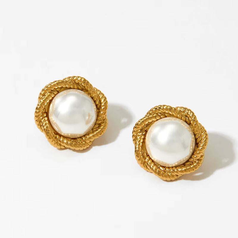 Luxury Heart Shaped Pearl Charm Stainless Steel Stud Earrings Flower Shaped Diamond Zircon Stud Earrings Women Jewelry