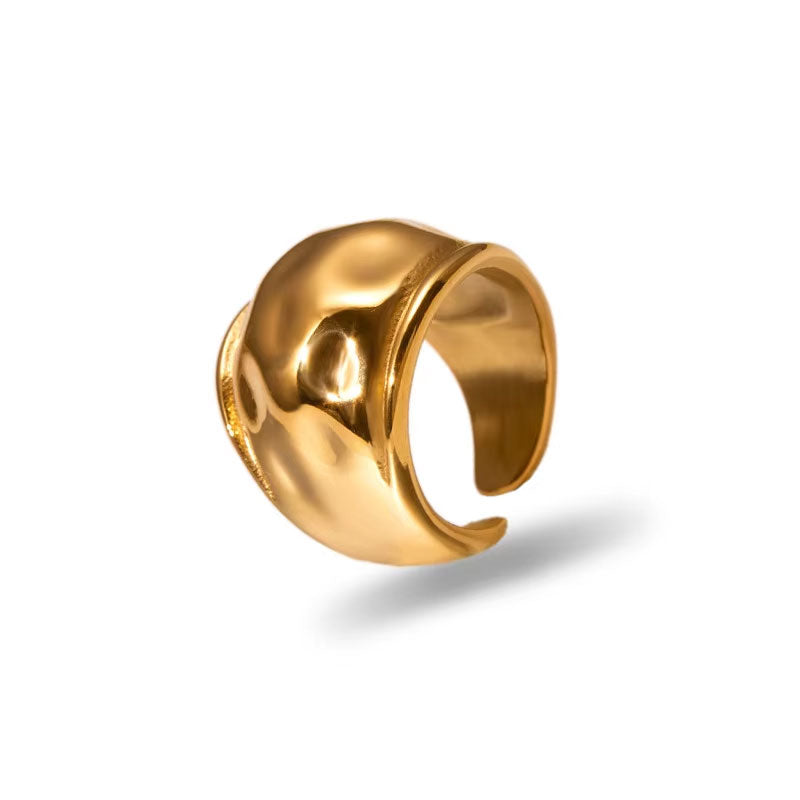 Women's European and American Retro INS Style 18k Gold Stainless Steel Open Ring, Niche Hammer Pattern Fashion Pair Ring