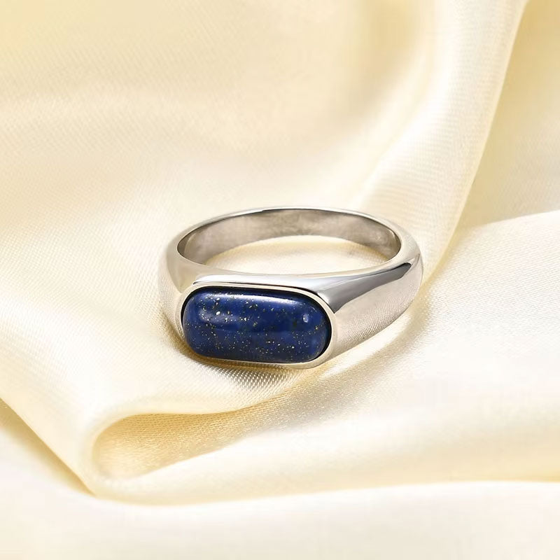 Trendy Wholesale Custom Natural Stone 18K PVD Gold Plated Stainless Steel Blue Ring for Men Women Boy