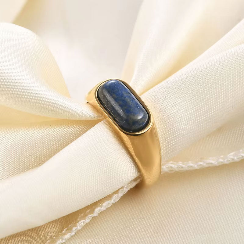 Trendy Wholesale Custom Natural Stone 18K PVD Gold Plated Stainless Steel Blue Ring for Men Women Boy