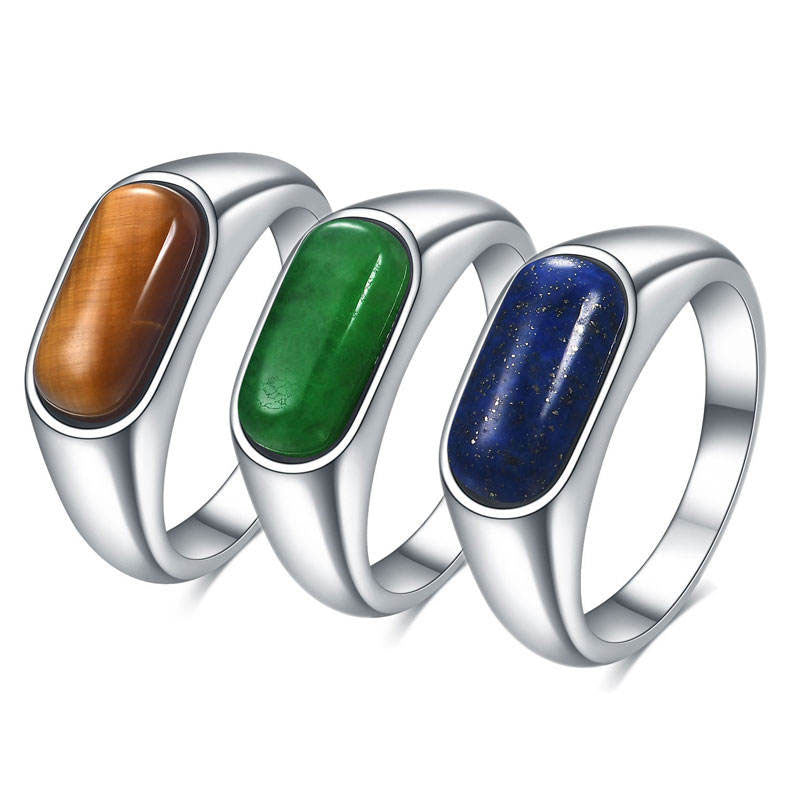 Trendy Wholesale Custom Natural Stone 18K PVD Gold Plated Stainless Steel Blue Ring for Men Women Boy