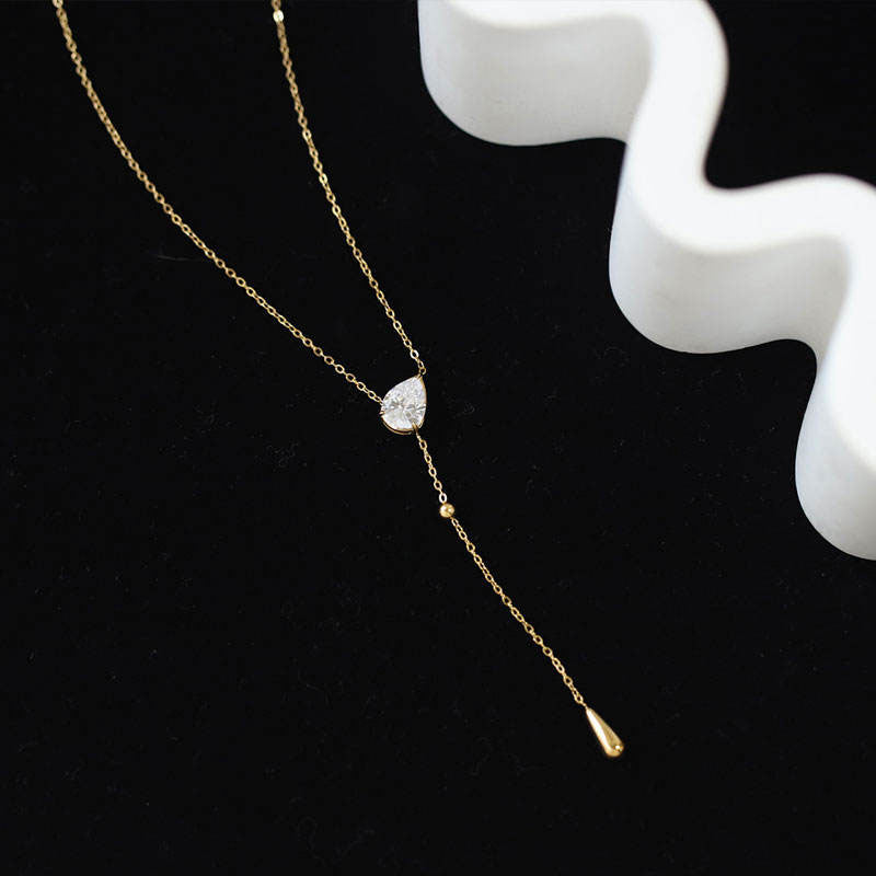 Elegant Jewelry Fade Resistant Fine Jewelry Necklaces Stainless Steel Zircon Teardrop Fashion Pendant Y Necklaces for Women