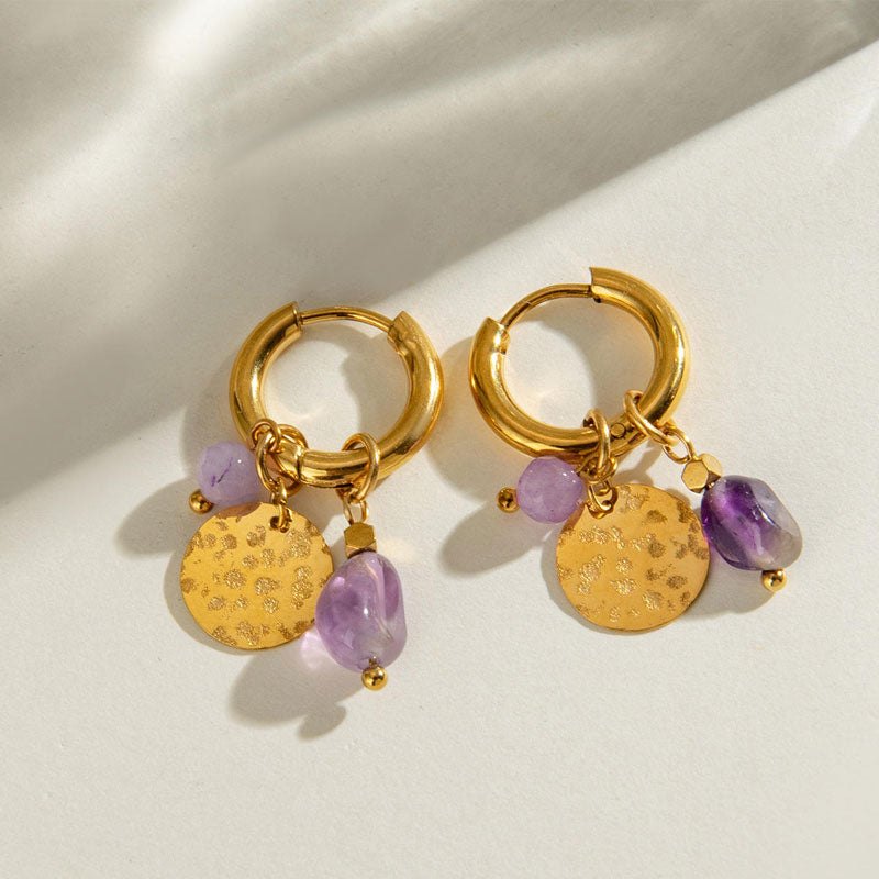 European and American Stainless Steel Natural Stone Hammer Pattern Earrings with Retro Temperament for Women's Earrings