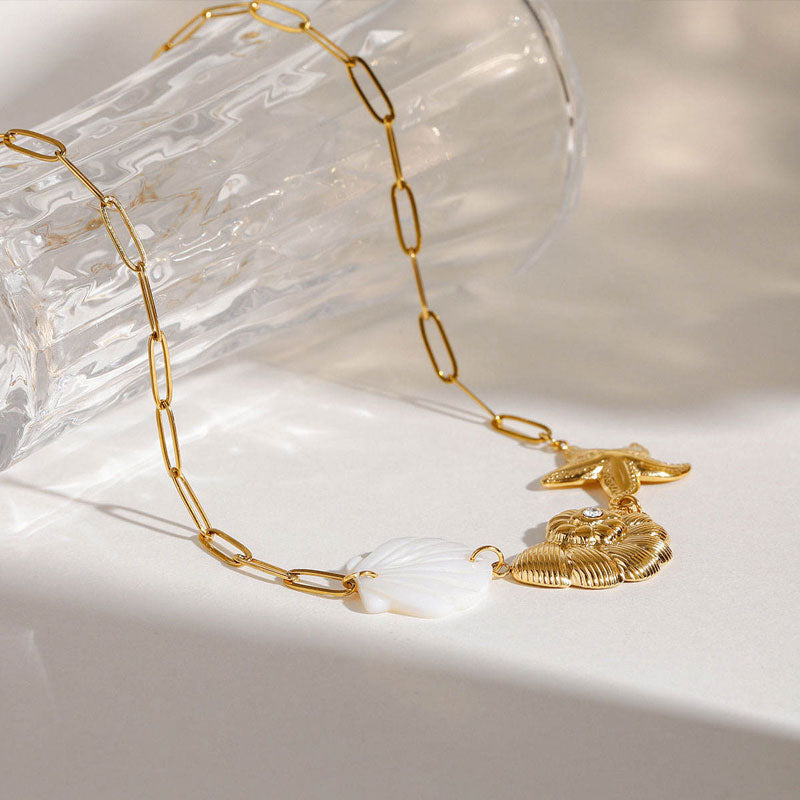 18k Gold Plated Starfish Conch Shell Seashell Fashion Paperclip Necklace Hypoallergenic Trendy Style Stainless Steel for Women