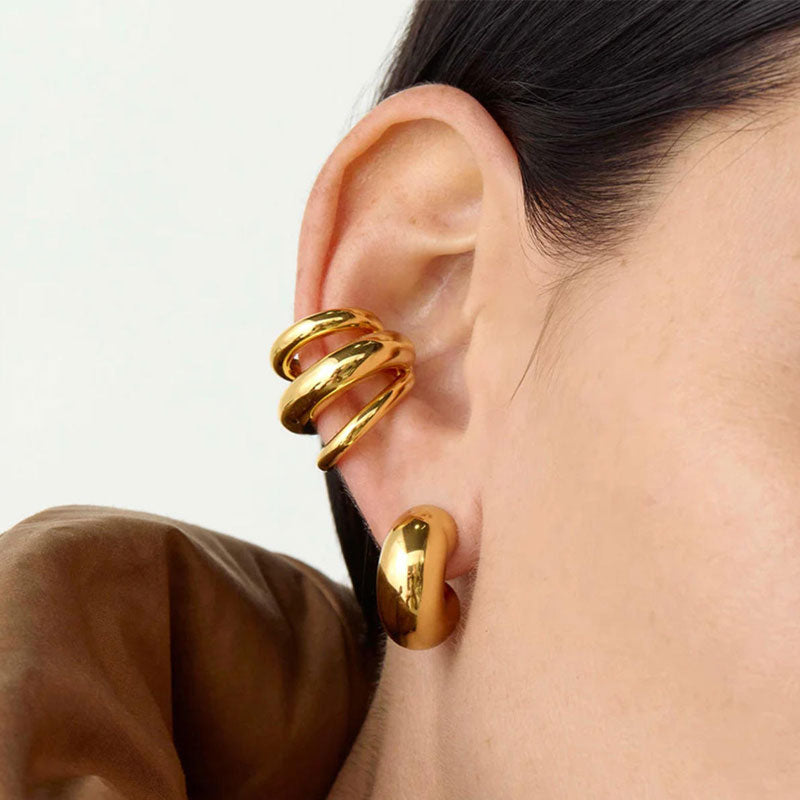 Classic European and American Ins Style Women's 18K Gold Stainless Steel Three-layer Ear Clip Simple and Versatile Earrings