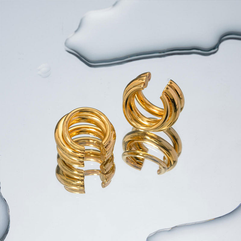 Classic European and American Ins Style Women's 18K Gold Stainless Steel Three-layer Ear Clip Simple and Versatile Earrings