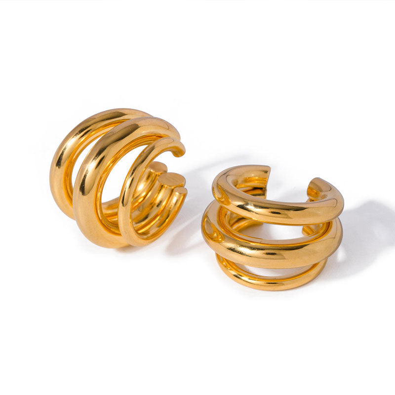 Classic European and American Ins Style Women's 18K Gold Stainless Steel Three-layer Ear Clip Simple and Versatile Earrings