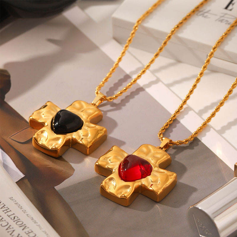 Korean Elegant Stainless Steel with Pendant Natural Stone Fashion 14K Gold Filled Heart Cross Necklaces for Women Girls